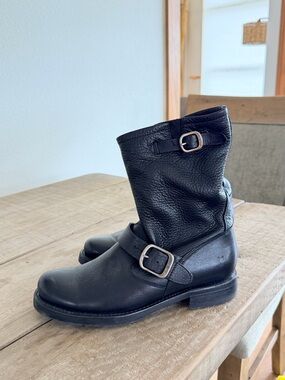 Frye Veronica Black Leather Mid-Calf Biker Boots with Buckle Detail